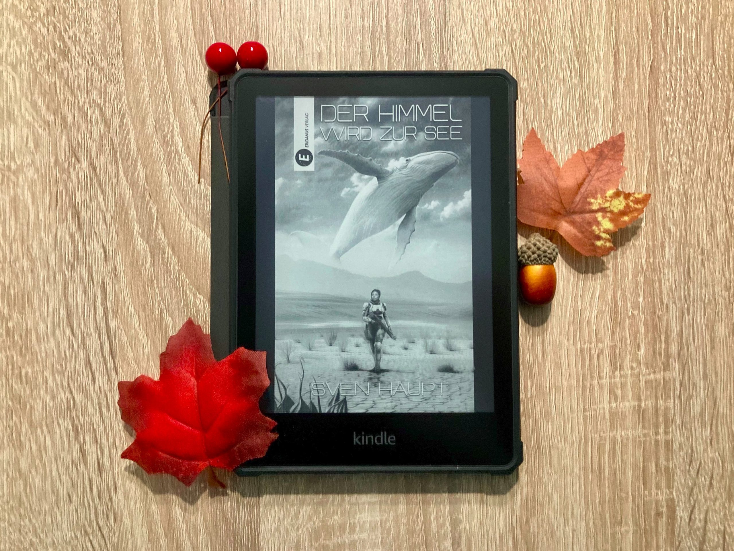Kindle E-Reader, auf dem das Cover von "Der Himmel wird zur See" von Sven Haupt zu sehen ist. Darauf abgebildet ist eine Frau in einem Raumanzug ohne Helm, die mit einer Waffe in der Hand durch eine Wüste läuft. Über ihr schwebt ein Wal am Himmel. Ganz oben steht "Der Himmel wird zur See", links daneben das Logo des Eridanus Verlag. Ganz unten steht "Sven Haupt".