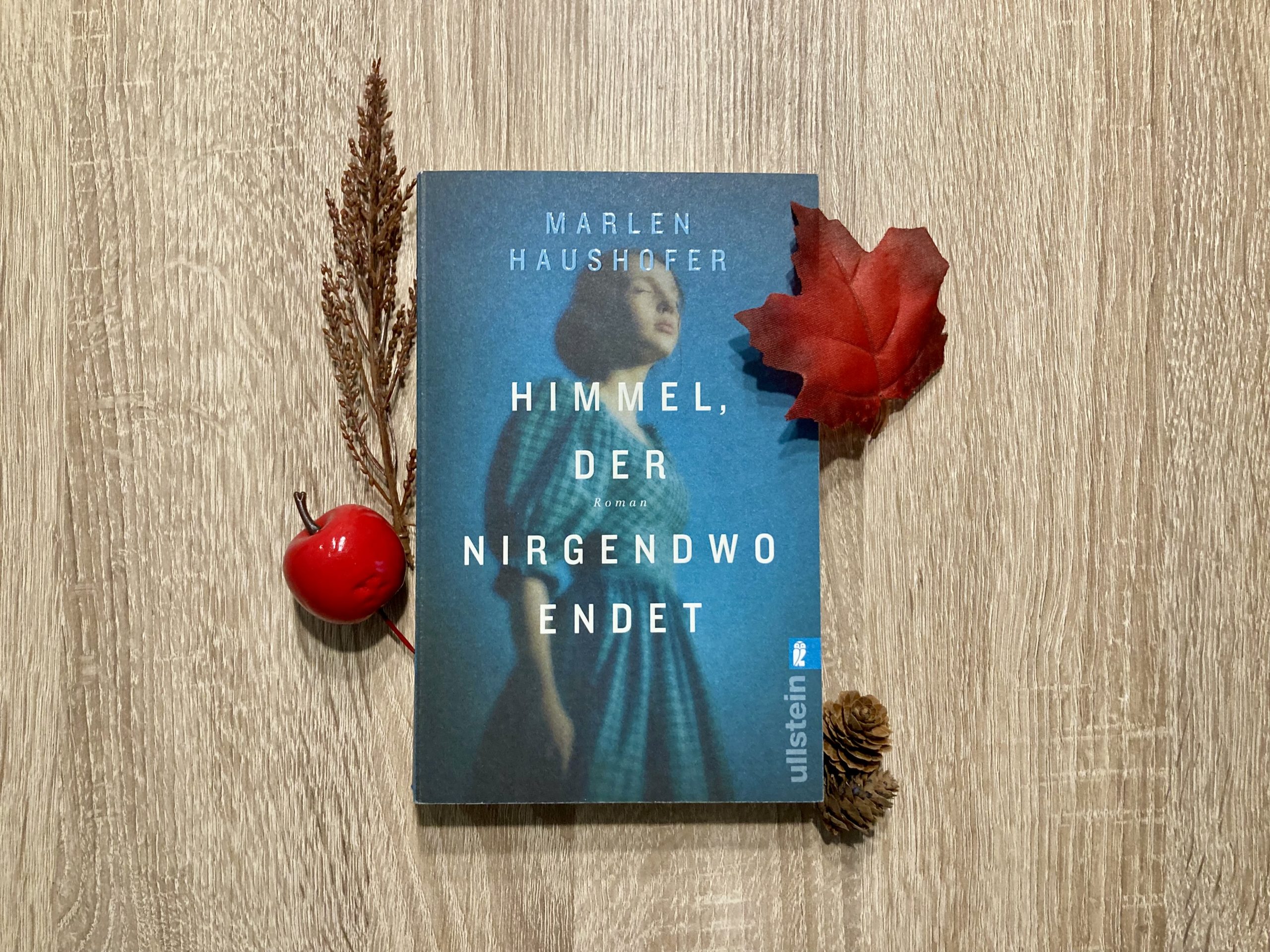 "Himmel, der nirgendwo endet" von Marlen Haushofer. Das Cover ist dunkelblau und darauf verschwommen abgebildet ist eine Frau in einem blau karierten Kleid und mit dunklen, zu einem Knoten gebundenen Haaren, die das Gesicht zum Himmel gerichtet und die Augen geschlossen hat. Der Titel ist in großen Buchstaben über sie gedruckt, darüber steht "Marlen Haushofer" und dazwischen "Roman". Rechts unten ist das Logo des Ullstein-Verlags abgebildet. Um das Buch herum ist herbstliche Deko wie Tannenzapfen und ein rotes Blatt angeordnet.