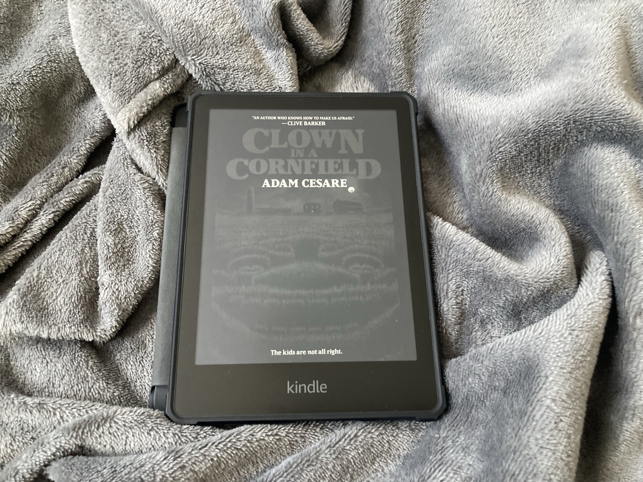 "Clown in a Cornfield" von Adam Cesare auf einem Kindle E-Reader. Auf dem dunklen Cover ist ein Kornfeld bei Nacht zu sehen, auf dem die Ähren so angeordnet und plattgedrückt sind, dass ein Clowns-Gesicht darin zu sehen ist. Im Hintergrund befinden sich Silhouetten verschiedener Gebäude, über denen ein Vollmond scheint. Darüber steht in großen Buchstaben der Titel und der Name des Autors, darüber der Kommentar "An author who knows how to make us afraid" von Clive Barker. Ganz unten steht der Satz "The kids ar not all right."